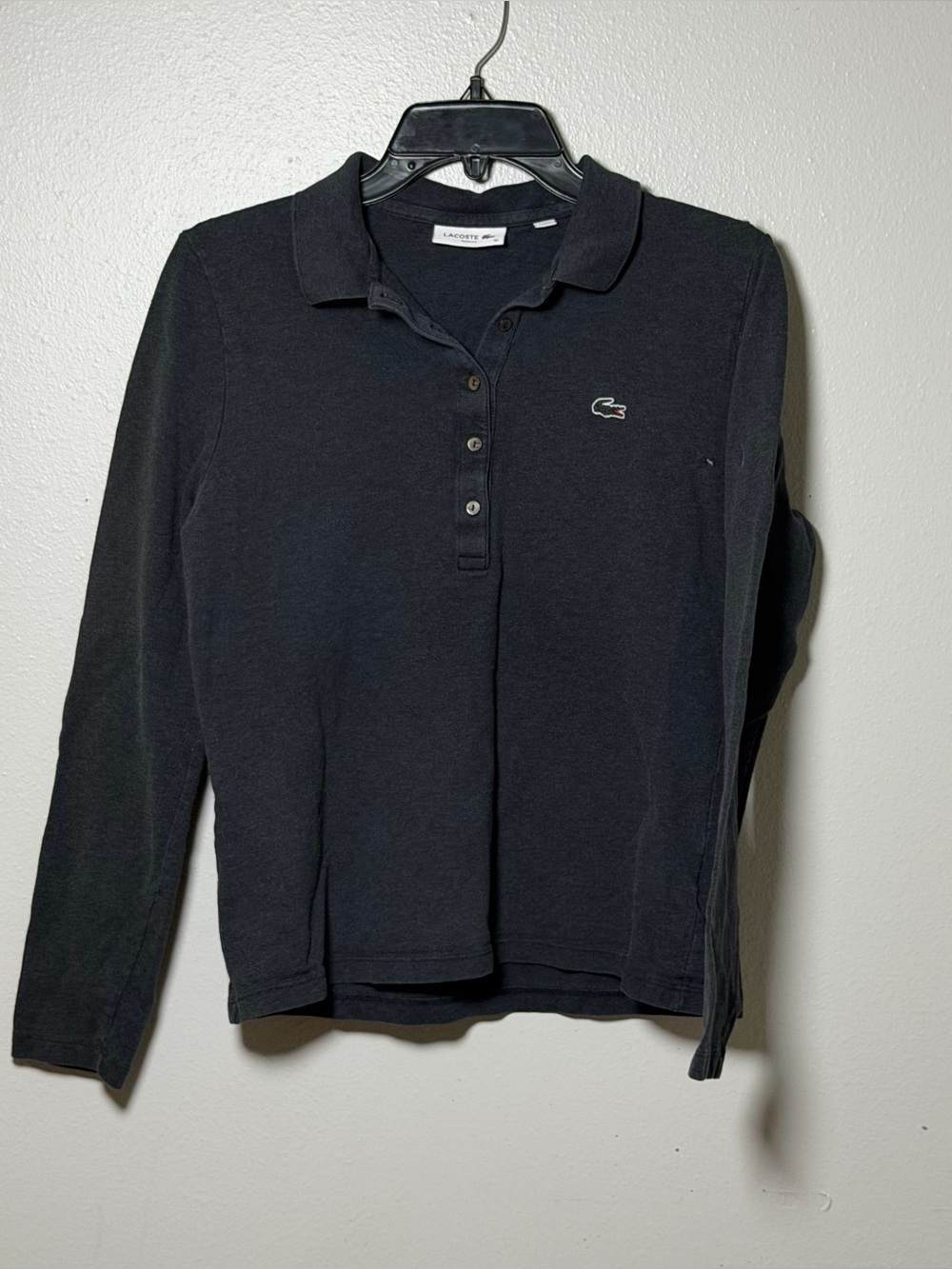 Lacoste Men Long Sleeve Polo V-Neck Shirt Preppy Slim Fit Black size 42 (M)